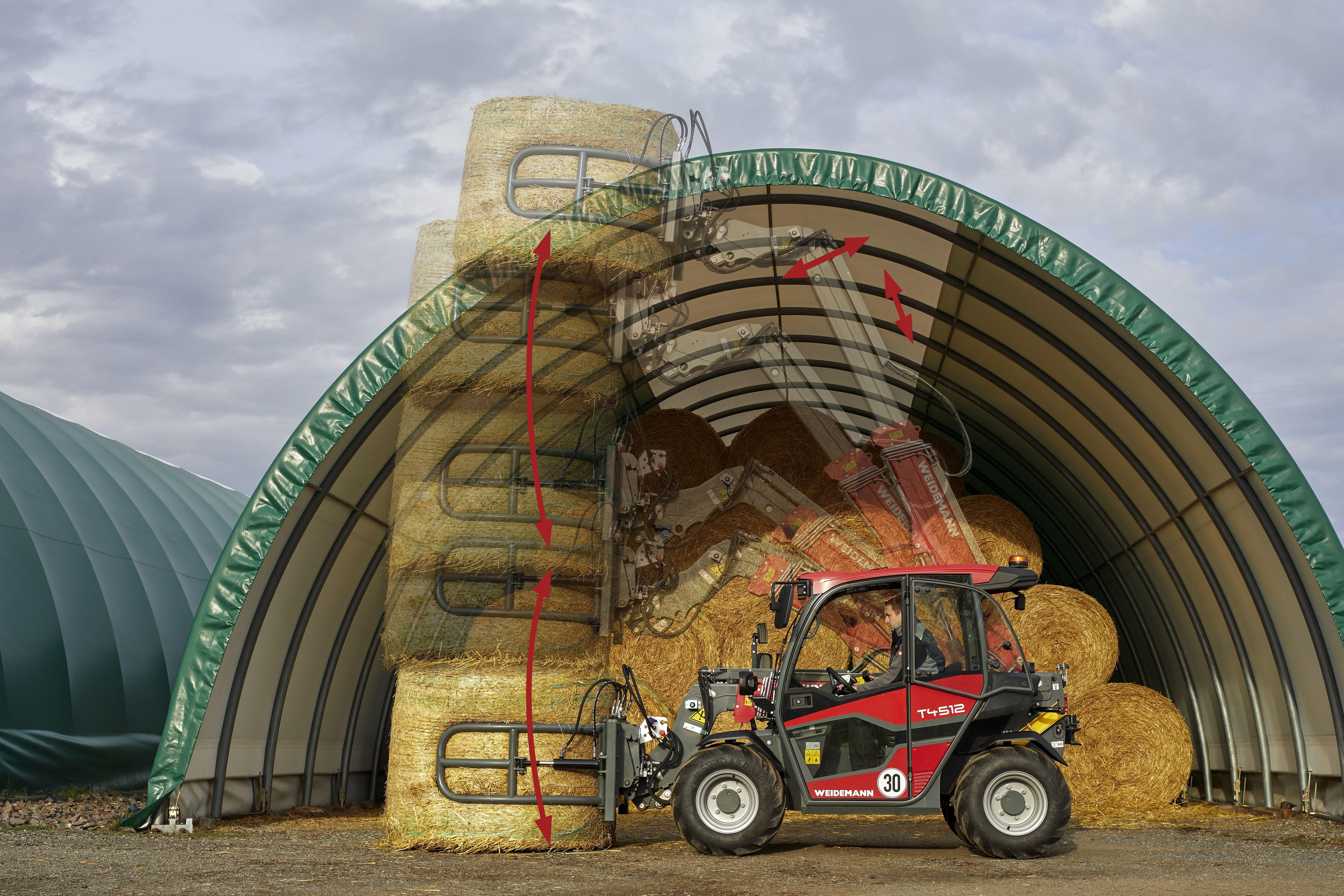 Weidemann telehandler T4512 use with round bale tong and the Vertical Lift System (vls) presented with arrows